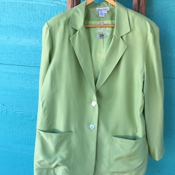 100% SILK PASTEL PISTACHIO GREEN BOYFRIEND LONGLINE BLAZER SIZE LARGE NWT - Picture 1 of 7
